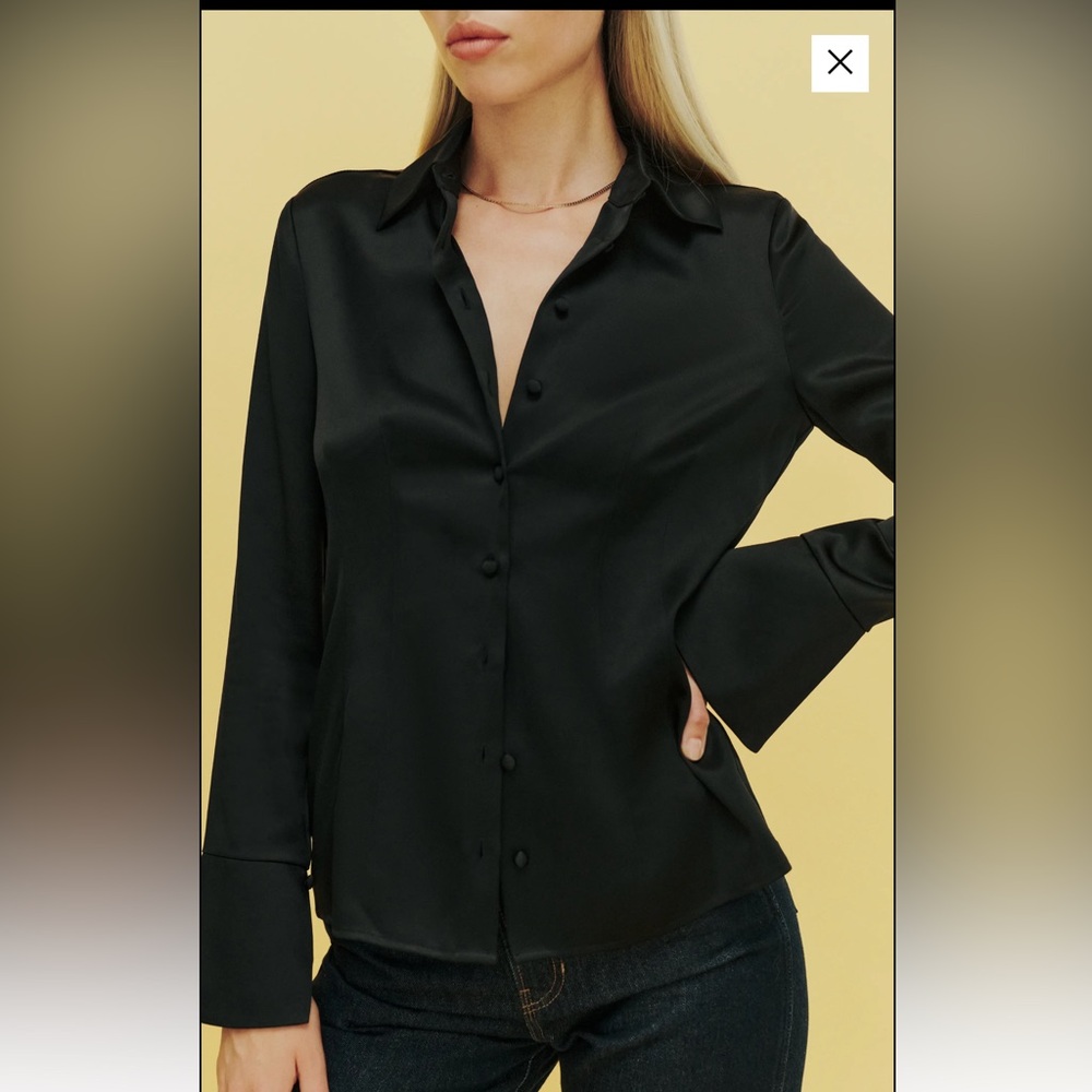 Reformation Samara Satin Button Down Blouse Shirt Size 10 Flared Cuff - Picture 3 of 9